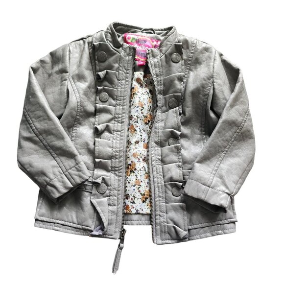 Dollhouse Girls Gray Faux Leather Ruffle Trim Jacket Stylish Dressy - Picture 2 of 8